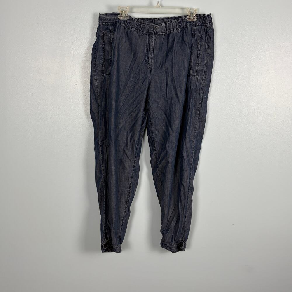 Eileen Fisher lightweight denim pull on pants button cuff ankle Lg quiet luxury